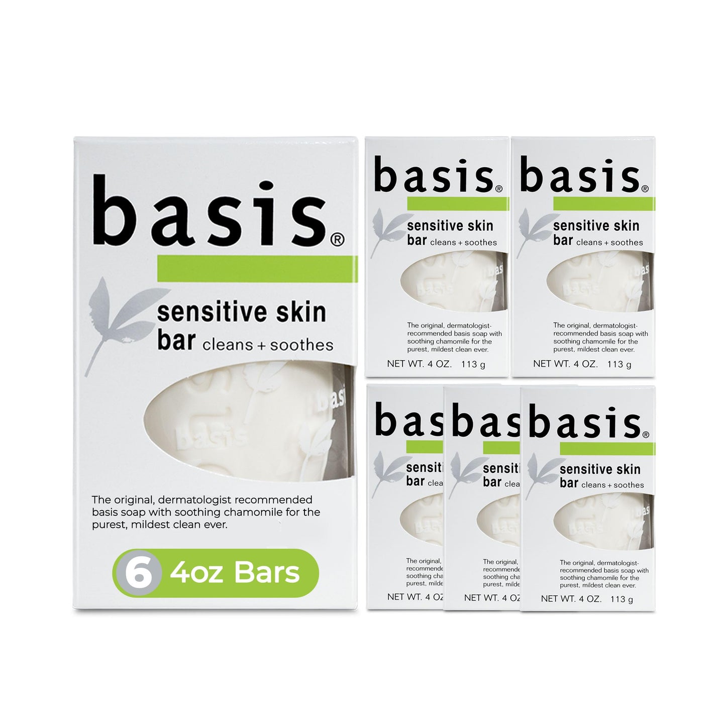 Basis Sensitive Skin Bar Soap for Body, Hands and Face, Unscented Soap Bar for Sensitive Skin with Chamomile and Aloe Vera