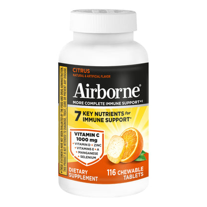 Airborne Vitamin C 1000mg (per Serving) - Citrus Chewable Tablets (116 Count in a Bottle), Gluten-Free Immune Support Supplement, with Vitamins A C E, Zinc, Selenium