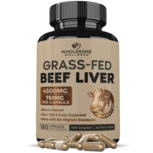 Wholesome Wellness Grass Fed Desiccated Beef Liver Capsules (180 Pills, 750mg Each) - Natural Iron, Vitamin A, B12 for Energy - Raised Undefatted in New Zealand