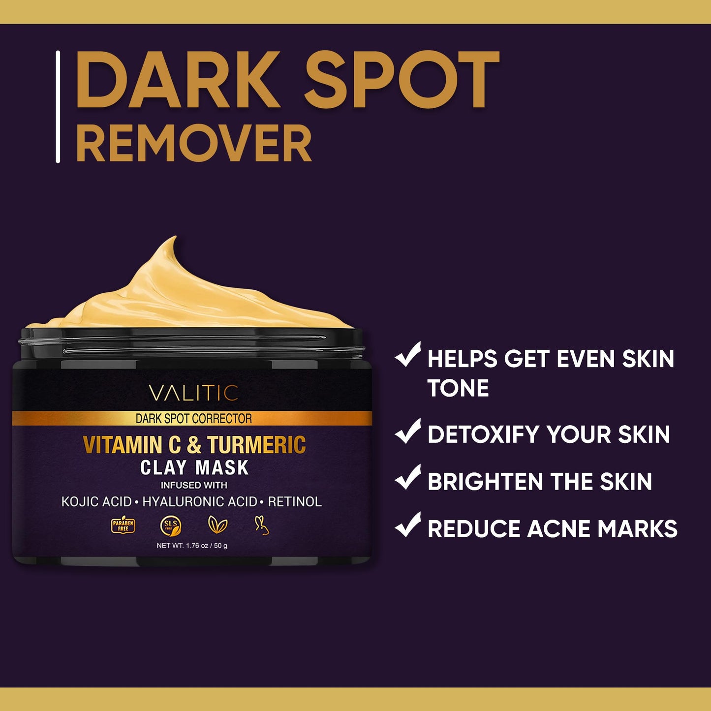 VALITIC Vitamin C & Turmeric Clay Mask - Dark Spot Corrector with Kojic Acid, Hyaluronic Acid & Retinol - Skin Care Routine for Minimizing Pores & Blackheads