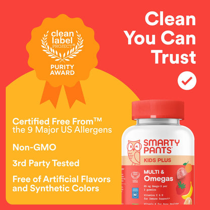 SmartyPants Kids Multivitamin Gummies with Omega 3 DHA/EPA, Vitamins D3, C, B12, B6, A, K, and Zinc, Gluten Free