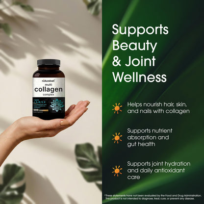 NatureBell Multi Collagen Complex - 300 Capsules - 5 Collagen Peptides (Type I, II, III, V, X), Hyaluronic Acid, Biotin & Probiotics - Hair, Skin, Nail, Joint & Gut Health Support* NatureBell buy supplements Au