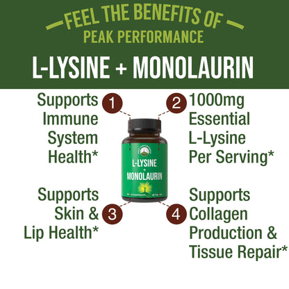 Peak Performance L Lysine 1000mg + Monolaurin 500mg Supplement for Immune Support - High Potency L-Lysine for Lips, Skin, & Health - 2-in-1 Bioavailable Supplements for Men and Women - 60 Capsules Peak PerformanceBuy Supplements Australia