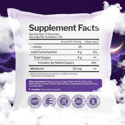 Melatonin 20mg Gummies (120 Count) - Maximum Strength Sleep Support for Adults with 10mg of Melatonin Per Gummy - Gluten-Free, Non-GMO, Vegetarian