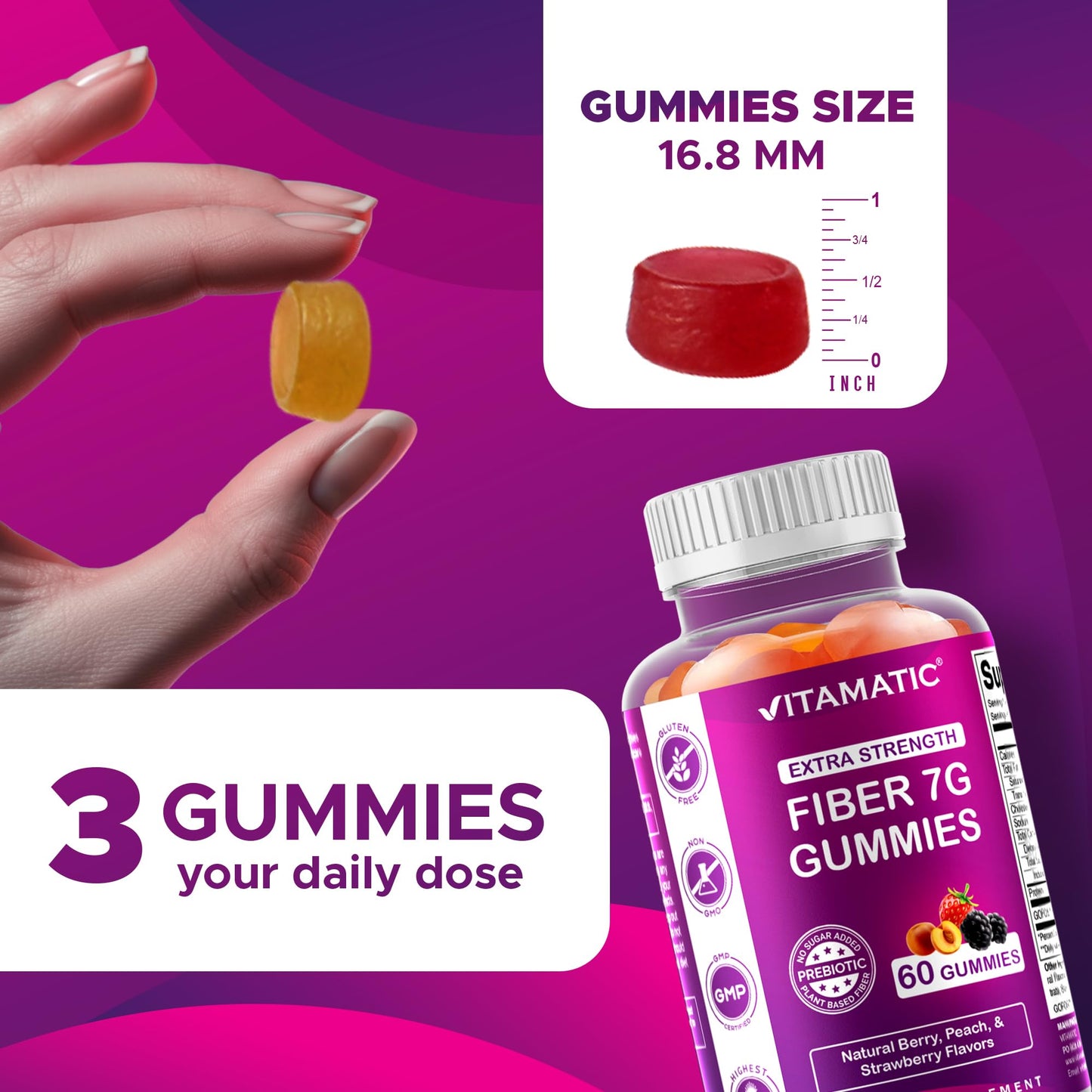Vitamatic Prebiotic Fiber Gummies for Adults – 2 Pack (Total 120 Gummies) 7g Fiber per Serving | Extra Strength | Zero Sugar Added | Pectin-Based