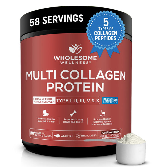 Wholesome Wellness Premium Multi Collagen Peptides Protein Powder for Women and Men, 5 Types of Hydrolyzed Collagen, Grass-Fed, Non-GMO & Unflavored