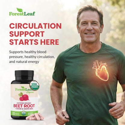 ForestLeaf USDA Organic Beet Root Capsules - Beetroot Supplement 1000mg 20:1 Extract w/Ginger Grape Seed - Support Blood Pressure, Nitric Oxide
