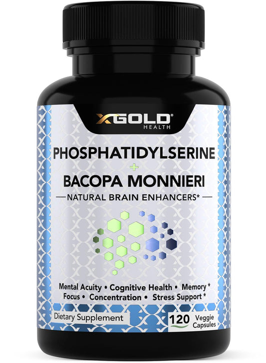 PhosphatidylSerine & Bacopa Monnieri 800 mg 2 in 1 Supplement - Natural Brain Enhancer/Nootropic for Enhanced Focus and Concentration, Memory Support, & Cognitive Function - 120 Vegetarian Capsules X Gold HealthBuy Supplements Australia