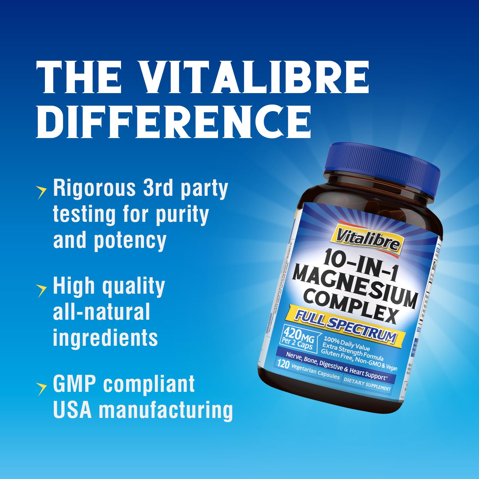 Vitalibre 10 in 1 Magnesium Complex, 420mg Elemental Magnesium | Ultra Strength, Max Absorption | Chelated Magnesium Supplement for Nerves, Bone & Heart Health | Non-GMO, 120 Vegan Capsules VitalibreBuy Supplements Australia