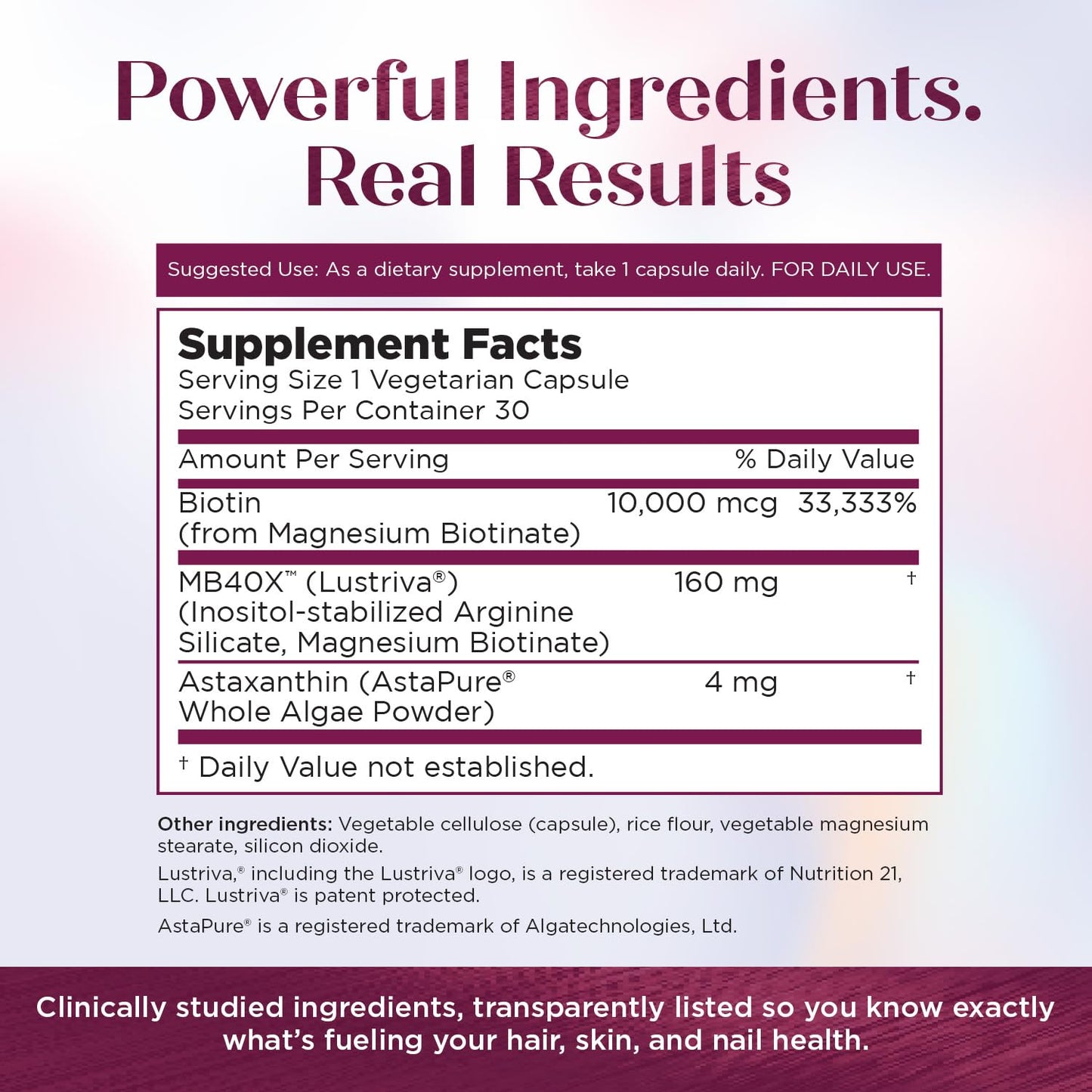 Purity Products MyBiotin ProClinical – Thicker Hair Starting in 3 Weeks & Fights Wrinkles - MB40X Patented Biotin Vitamin B7 Matrix w/Astaxanthin
