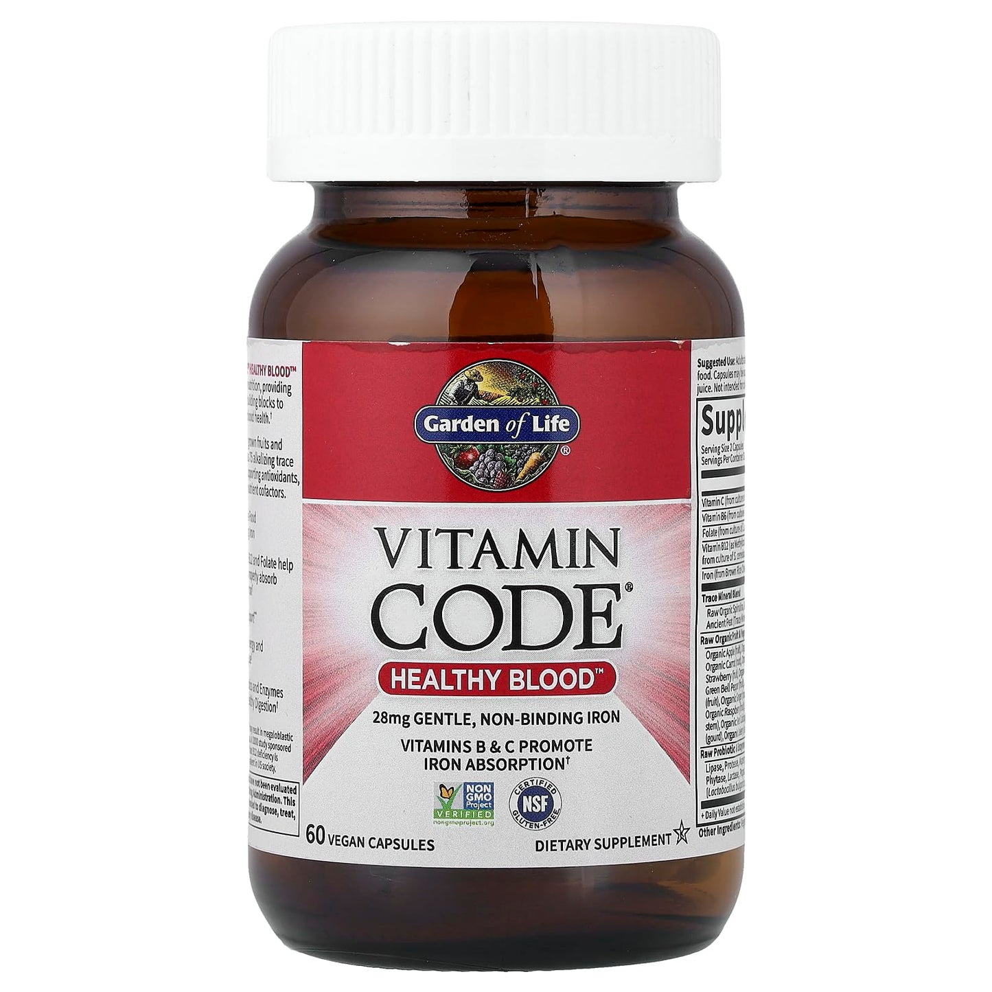 Garden of Life Vitamin Code Healthy Blood - Iron Supplement for Women, 60 Vegan Capsules, with Vitamins B, C, Trace Minerals