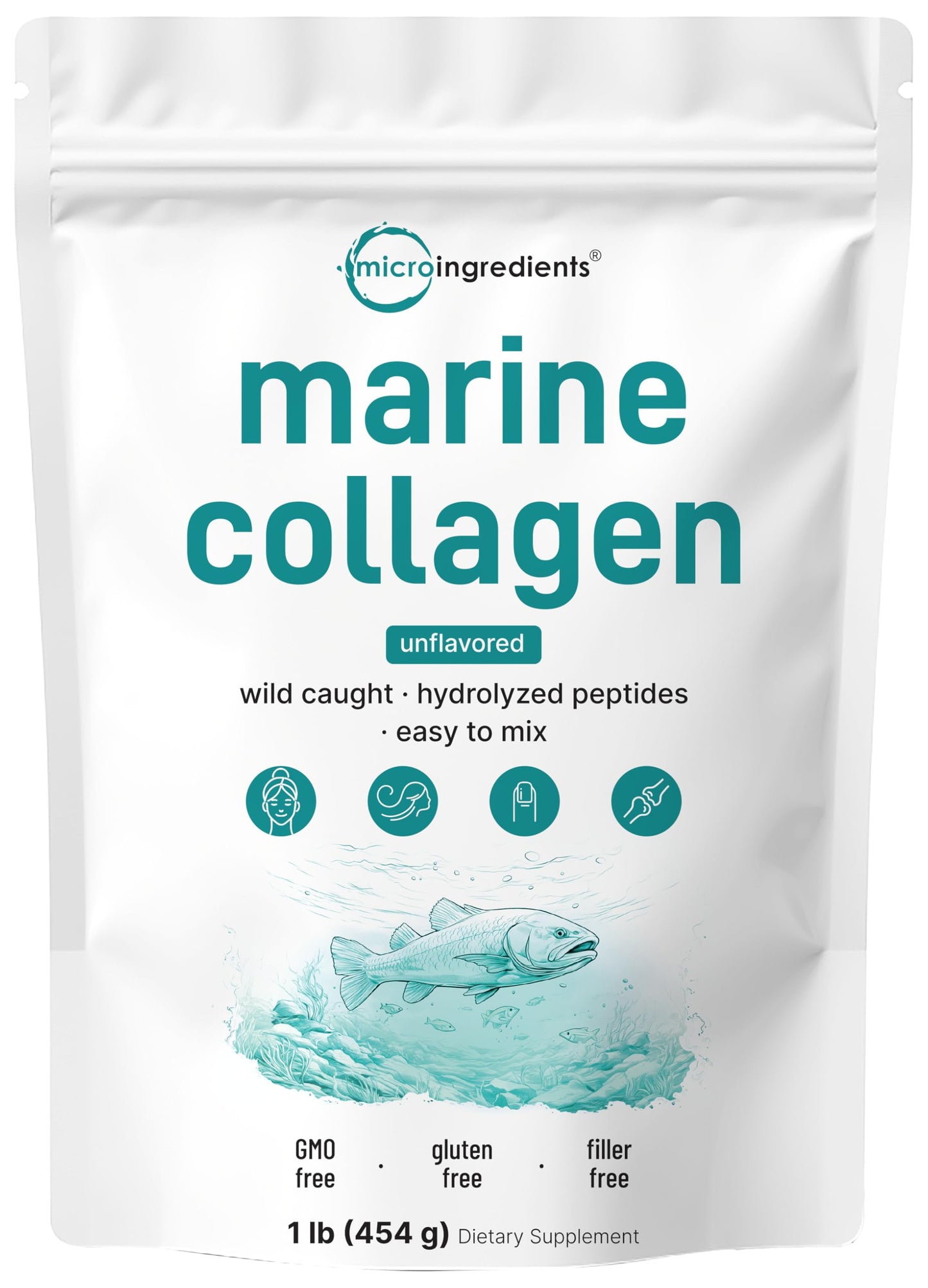 Micro Ingredients Marine Collagen Peptides Powder, 1 lb | Type I Marine Collagen + Natural Protein | Wild-Caught Fish Source