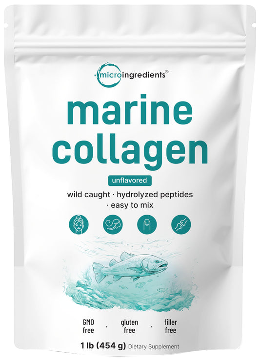 Micro Ingredients Marine Collagen Peptides Powder, 1 lb | Type I Marine Collagen + Natural Protein | Wild-Caught Fish Source