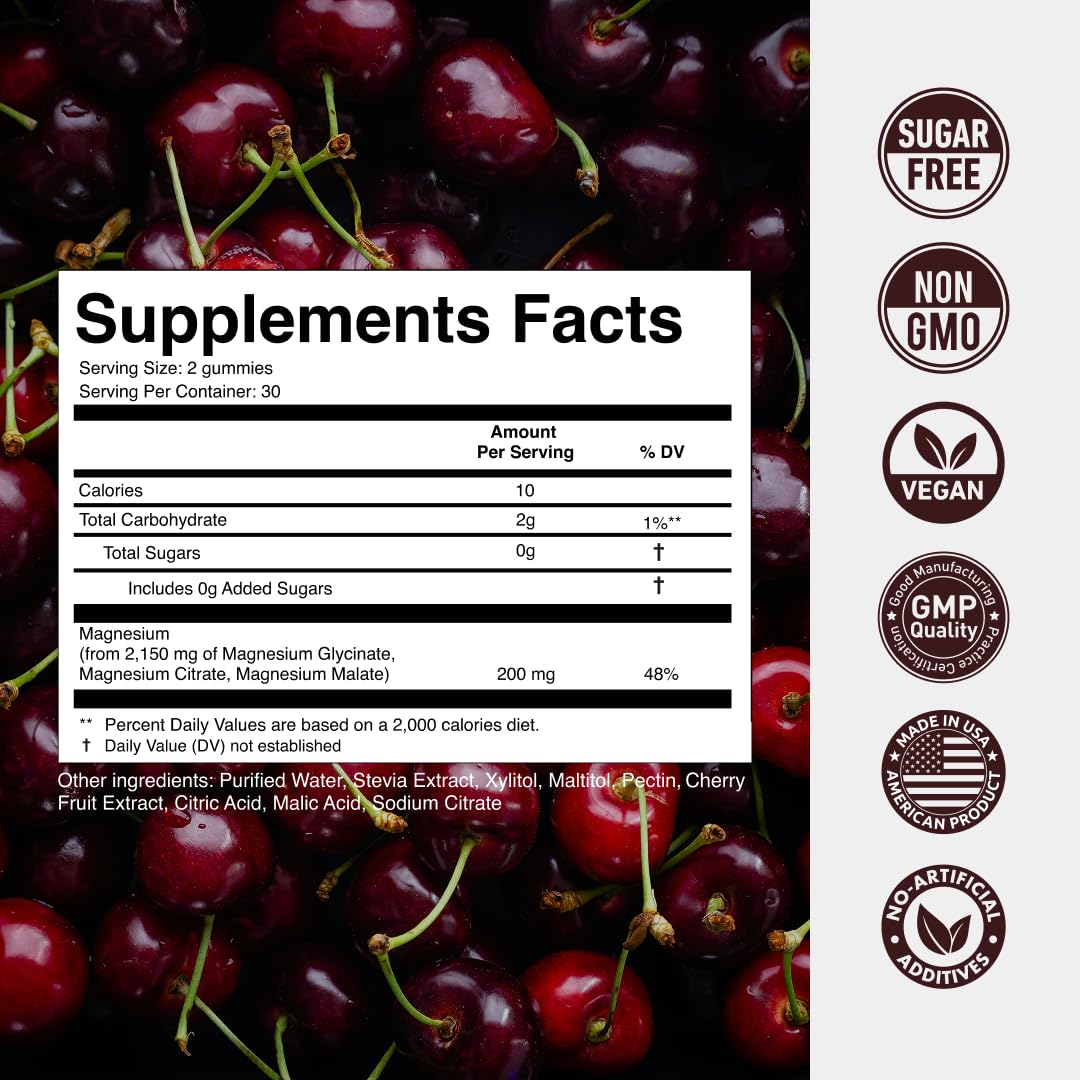 Magnesium Gummies 3in1 - Glycinate, Citrat, Malate 2150 MG High Absorption Supplement, Sugar-Free, Vegan, Chews for Men & Women, Inspired by Wellness Traditions Like Arjuna, 60 Gummies, Cherry Flavor Secret ElementBuy Supplements Australia
