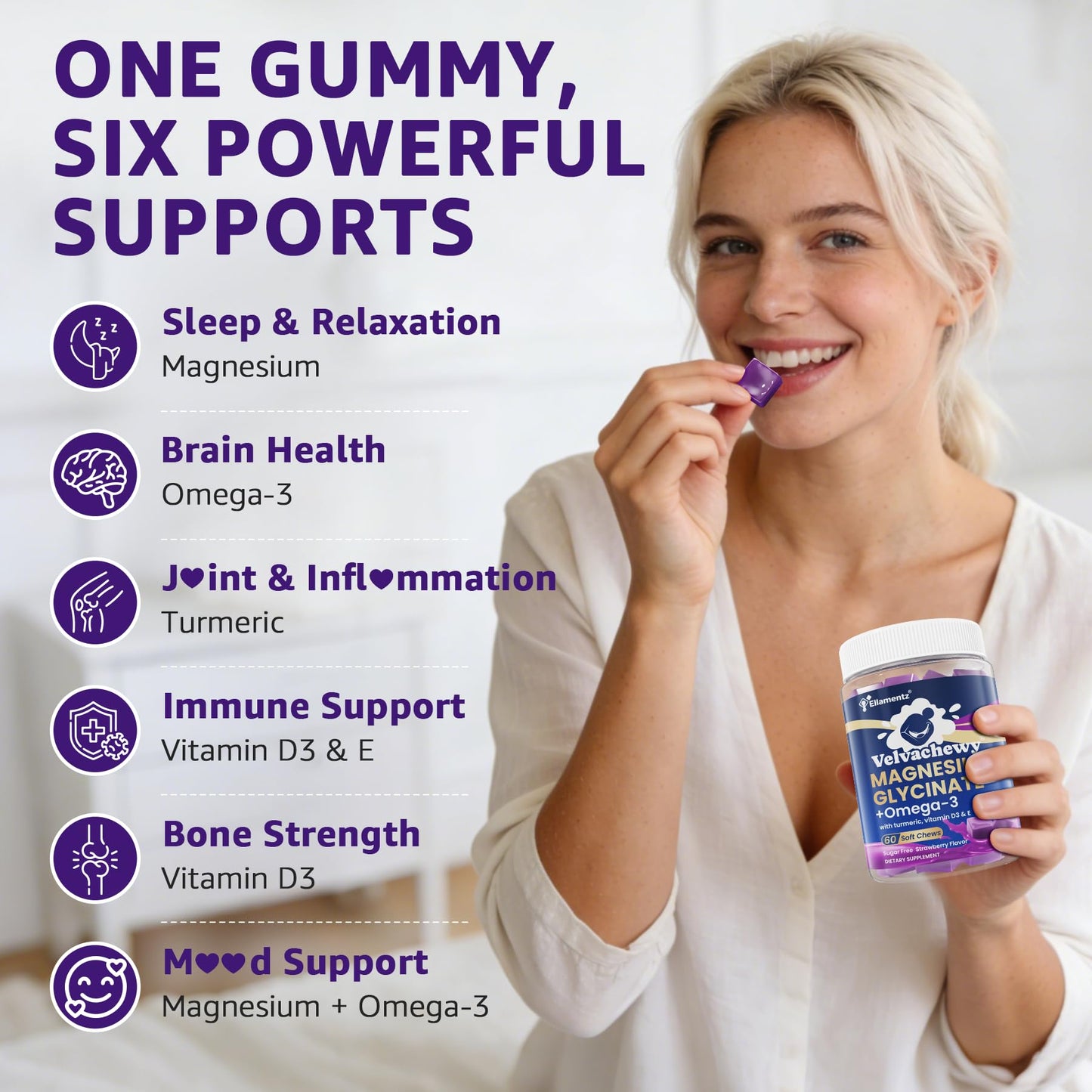 Magnesium Glycinate Gummies 500mg - Magnesium with Omega-3, Turmeric, Vitamin D3 & E | Magnesium Glycinate Soft Chews for Adults | for Sleep, Muscle & Brain | 60 Counts ELLAMENTZBuy Supplements Australia