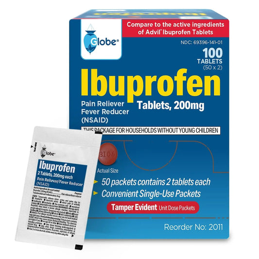 Globe Ibuprofen Tablets, 200 mg, Pain Reliever and Fever Reducer, for Headache, Muscular Aches, Arthritis, Backache and More 50 Packets of 2 Tablets Each,100 Tablets Trifecta Pharmaceuticals USABuy Supplements Australia