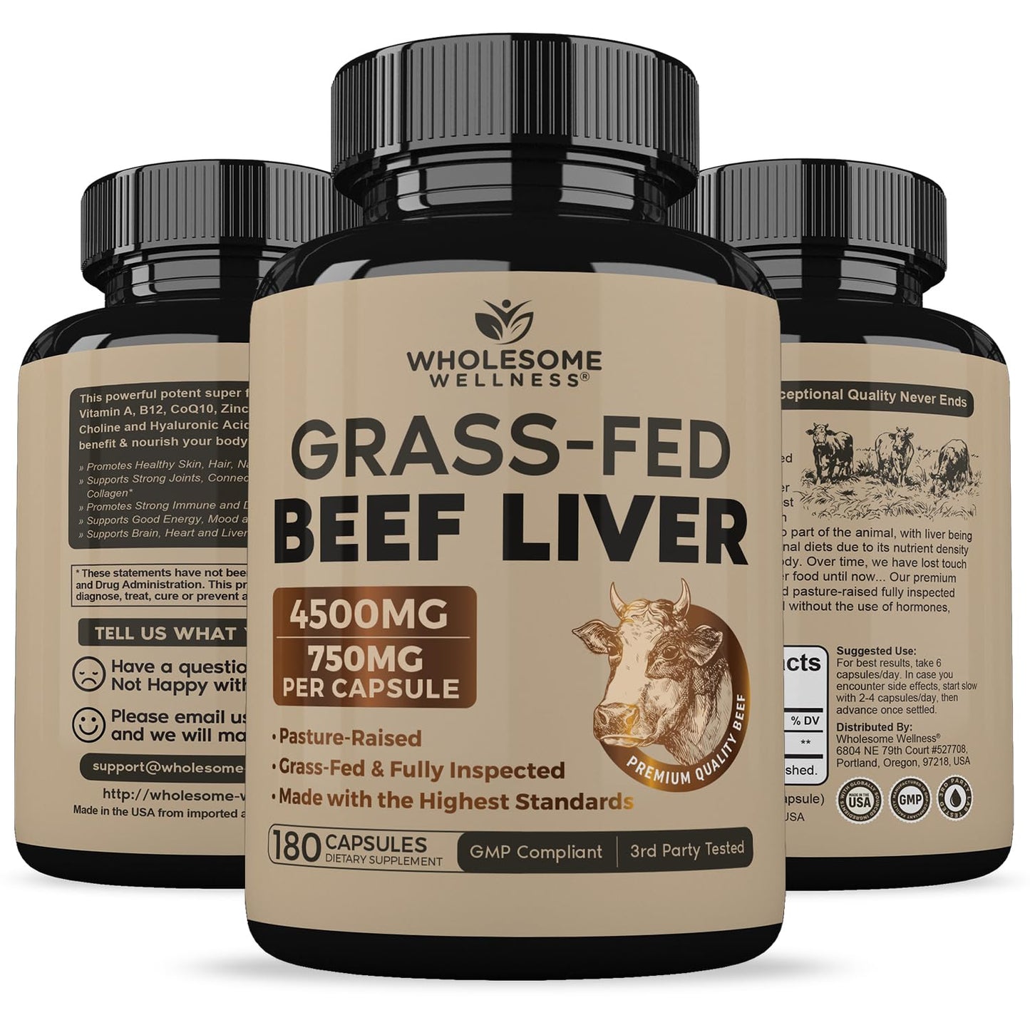 Wholesome Wellness Grass Fed Desiccated Beef Liver Capsules (180 Pills, 750mg Each) - Natural Iron, Vitamin A, B12 for Energy - Raised Undefatted in New Zealand