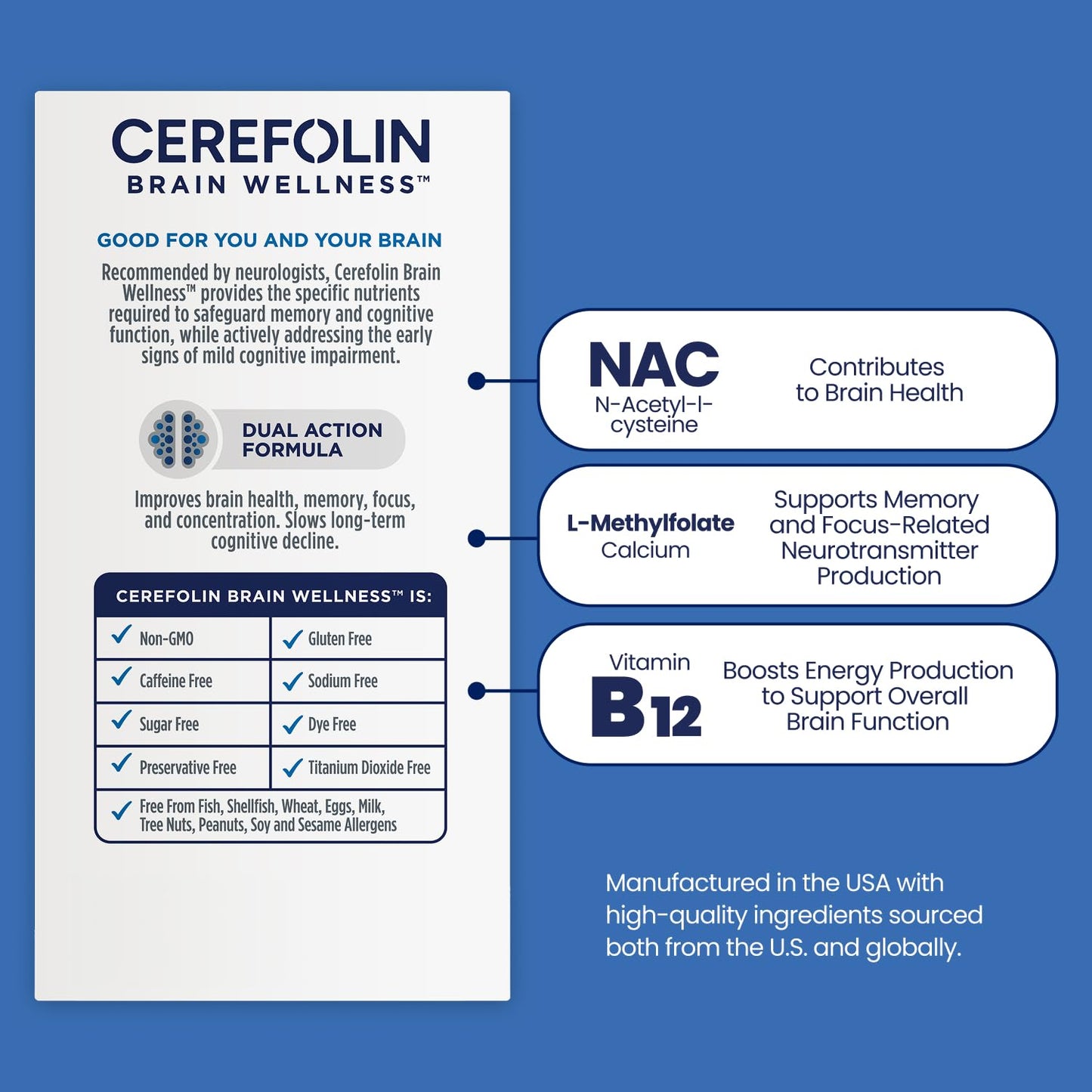 Cerefolin Brain Wellness, Targeted Nutrition for Cognitive Support, Improves Memory, Focus & Concentration, L-Methylfolate, NAC, B12