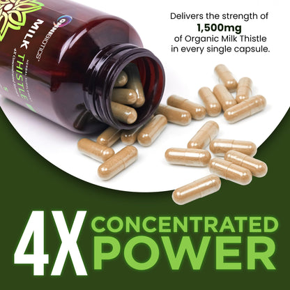 OmniBiotics Organic Milk Thistle Supplement 1500mg – 4X Concentrated Extract with Silymarin – High Potency Liver Detox & Support