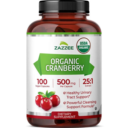 Zazzee USDA Organic Cranberry 25:1 Extract, 500 mg per Capsule, 100 Vegan Capsules, 3+ Month Supply, Certified Kosher, Vaccinium Macrocarpon, Urinary Tract & Bladder Support, Non-GMO, Made in the USA ZazzeeBuy Supplements Australia