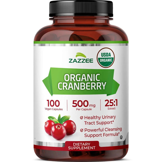Zazzee USDA Organic Cranberry 25:1 Extract, 500 mg per Capsule, 100 Vegan Capsules, 3+ Month Supply, Certified Kosher, Vaccinium Macrocarpon, Urinary Tract & Bladder Support, Non-GMO, Made in the USA ZazzeeBuy Supplements Australia