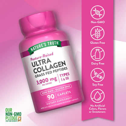Nature's Truth Collagen Peptides | 90 Caplets | Type 1 and 3 with Vitamin C | Grass Fed, Non-GMO & Gluten Free Supplement