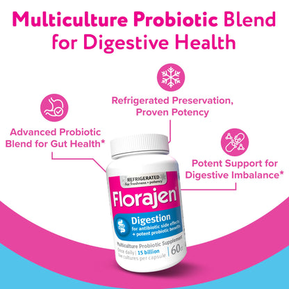 Florajen3 Digestion High Potency Refrigerated Probiotics | Restores Balance in Digestive System | for Antibiotic Side Effects | 60 Capsules