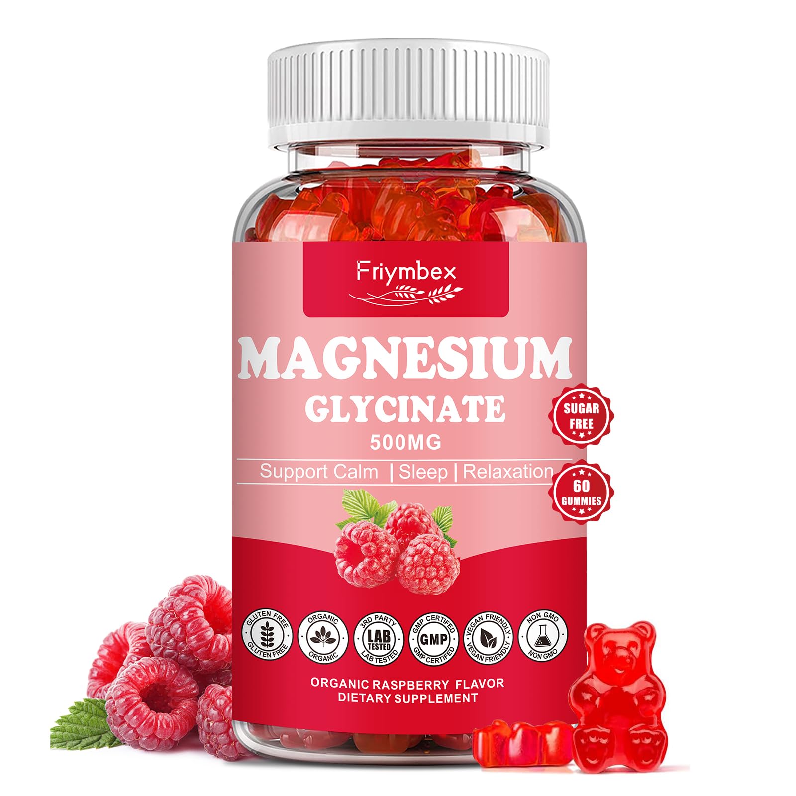 Magnesium Glycinate Gummies 500mg | Relaxation Calm Magnesium Gummies | Sugar-Free | Non-GMO | Gluten-Free | Vegan-Friendly for Adults & Kids (60 Raspberry Gummies) FriymbexBuy Supplements Australia