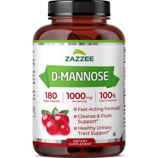 Zazzee D-Mannose, 1000 mg per Serving, 180 Vegan Capsules, 3 Month Supply, Potent & Fast-Acting, Certified Kosher, 100% Pure, All-Natural Urinary Tract Health Support, 100% Vegetarian, Non-GMO ZazzeeBuy Supplements Australia