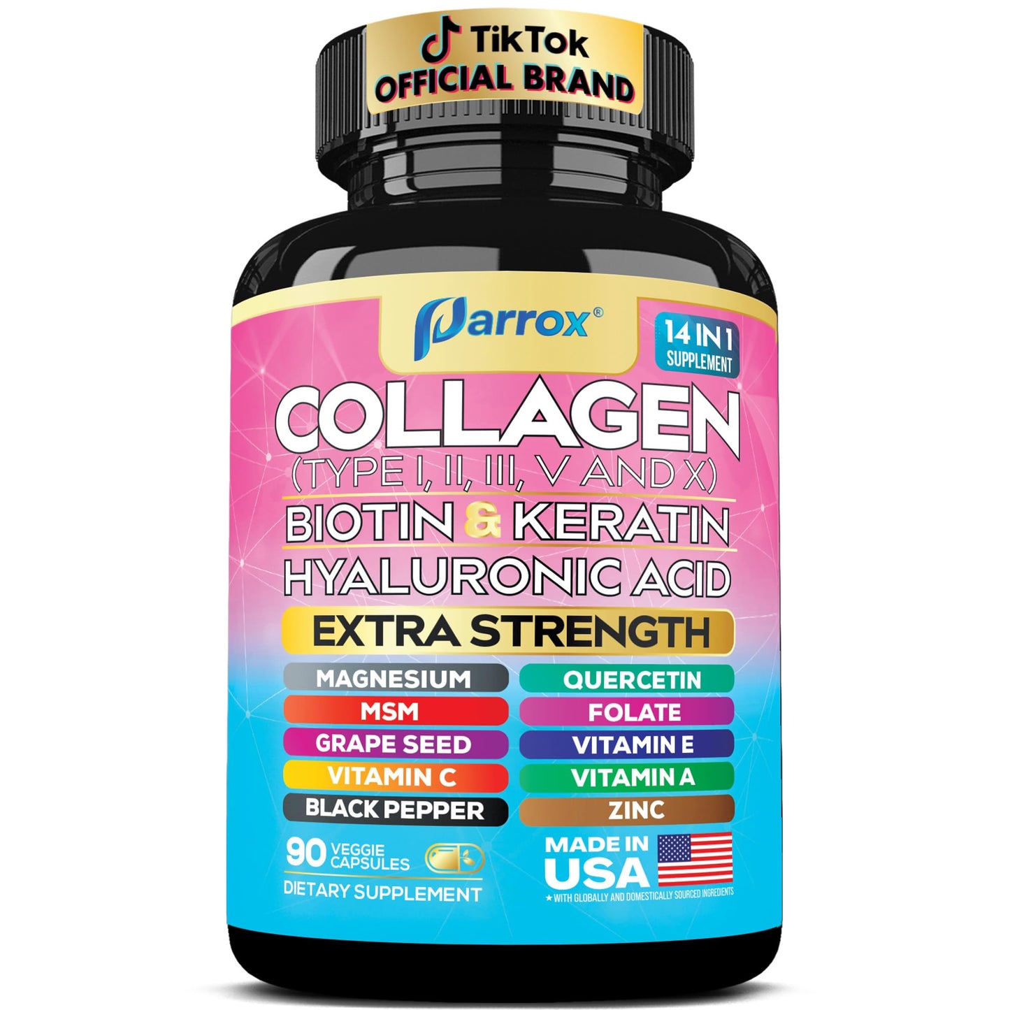 Parrox Collagen Peptides Types I, II, III, V & X, MCG Biotin, Keratin, Hyaluronic Acid, MSM, Zinc, Grape Seed Extract, Quercetin, Vitamin A, Vitamin C, Vitamin E, Magnesium, Folic Acid (90 Capsules) ParroxBuy Supplements Australia