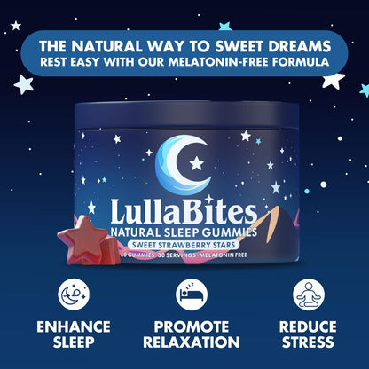 LullaBites - Natural Sleep Gummies - Made in USA - With 5-HTP, L-Theanine, Magnesium & Valerian Root - Melatonin Free - Vegan - Halal - Sugar, Gluten Free - Sweet Strawberry