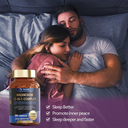 Totaria Magnesium Complex 700mg 12 in 1 Magnesium Supplement with Glycinate Citrate Malate Oxide Taurate Aspartate Orotate Magnesium Relaxation,Muscle,Heart Support, Vegan 120 Capsules TotariaBuy Supplements Australia