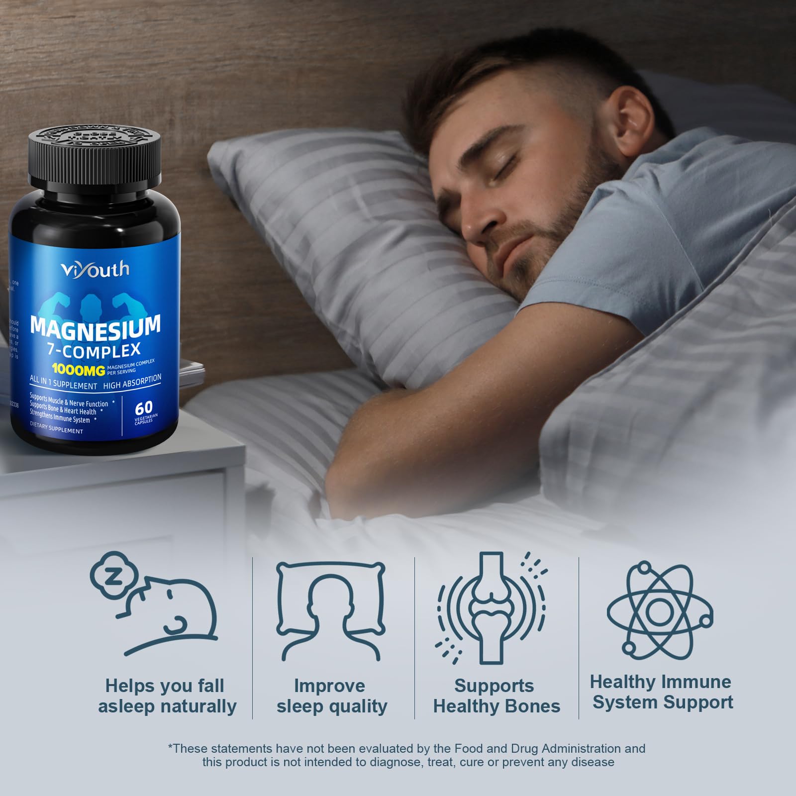 Magnesium 7 Complex Supplement Advanced with 7 Forms of Magnesium (Glycinate, Malate, Chelate, Aspartate, Orotate, Taurine, Citrate), Zinc, Vitamin D3 & Vitamin B6 for Sleep & Muscle, 60 Capsules VIYOUTH buy supplements Au