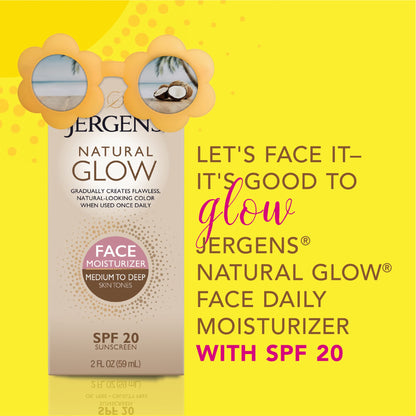 Jergens Natural Glow Self Tanner Face Moisturizer with SPF 20 Facial Sunscreen, Medium to Deep Skin Tone, Sunless Tanning, Oil Free