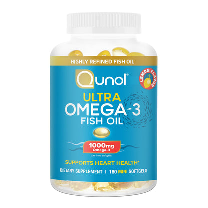 Qunol Fish Oil Omega 3 Mini Softgels, 1000mg Omega 3 EPA + DHA, Ultra Pure Supplements, Heart Health Support, Lemon Flavor, Easy to Swallow Minis, 3 Month Supply, 180 Count QunolBuy Supplements Australia