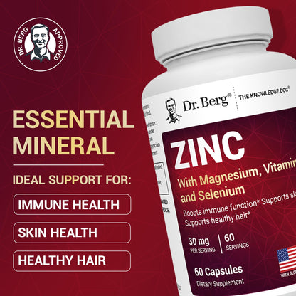 Dr. Berg Zinc 30mg Enhanced with Magnesium, Vitamin D3, Selenium, & Copper - Zinc Supplements for Men & Women - Chelated Zinc for Immune, Skin, Hair, & Nails Support* - 60 Capsules Dr. Berg NutritionalsBuy Supplements Australia