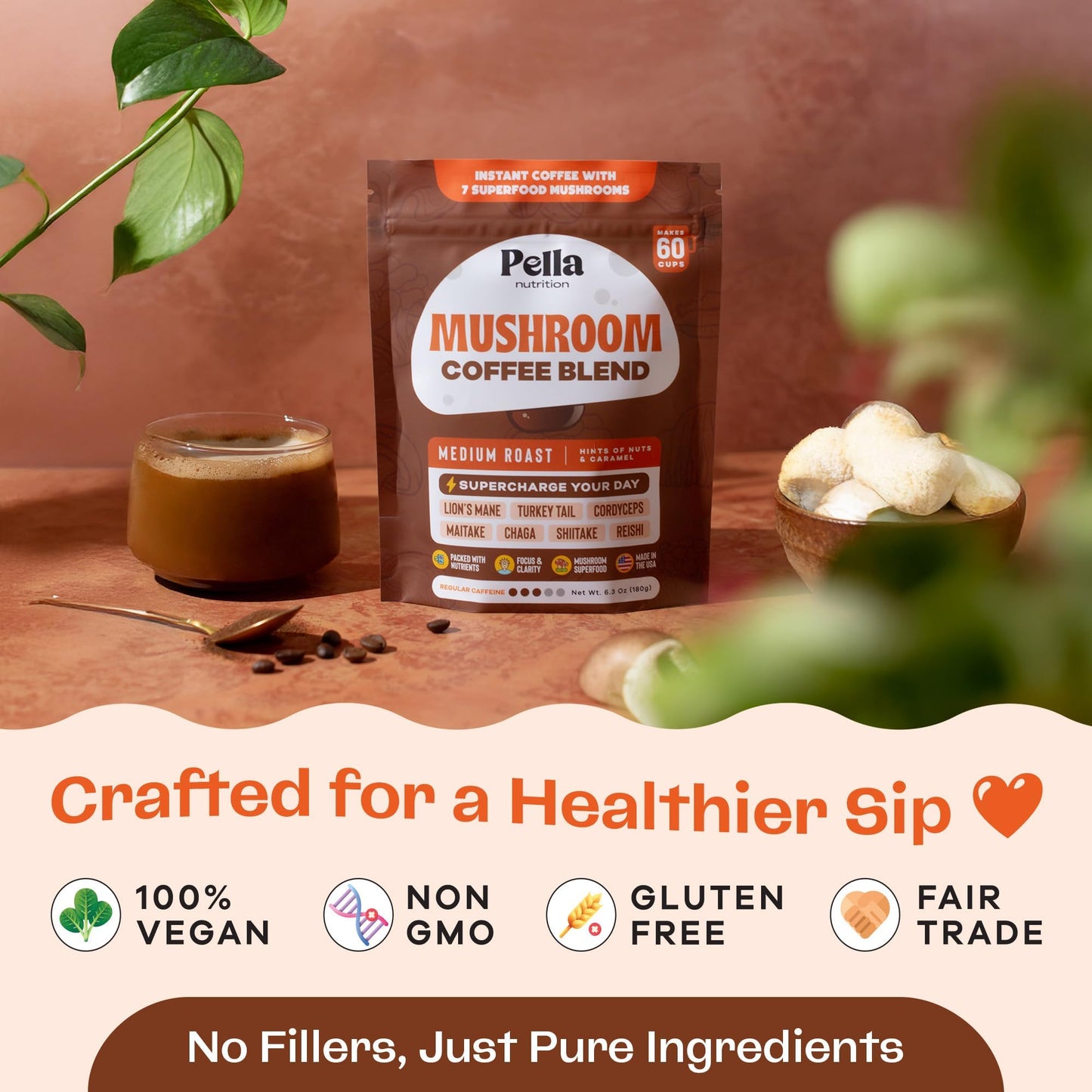 Pella Nutrition Mushroom Coffee – Lions Mane, Reishi, Chaga, Cordyceps, Shiitake, Maitake, and Turkey Tail Mushroom Supplement – Superfood Instant