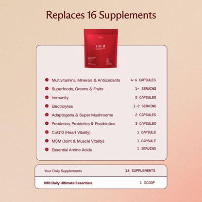 IM8 Daily Ultimate Essentials All-in-One Multivitamin Supplement Powder Bag, 92 Nutrient Rich Ingredients CoQ10, Probiotics, Vitamins, Greens, Gluten Free, Vegan, Acai Mixed Berry, 12.5oz, 30 Servings