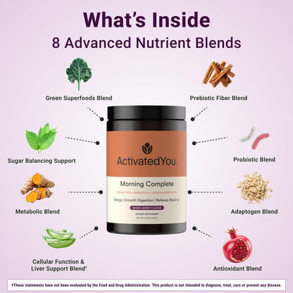 ACTIVATEDYOU Morning Complete Super Greens Powder Drink Mix - Gut Health Boost with Prebiotics, Probiotics, & Antioxidants - 10 Billion CFUs, Mixed Berry Flavor - Greens Superfood Powder - 3 Pack ACTIVATEDYOUBuy Supplements Australia