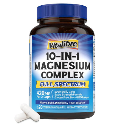 Vitalibre 10 in 1 Magnesium Complex, 420mg Elemental Magnesium | Ultra Strength, Max Absorption | Chelated Magnesium Supplement for Nerves, Bone & Heart Health | Non-GMO, 120 Vegan Capsules VitalibreBuy Supplements Australia