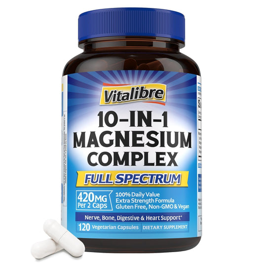 Vitalibre 10 in 1 Magnesium Complex, 420mg Elemental Magnesium | Ultra Strength, Max Absorption | Chelated Magnesium Supplement for Nerves, Bone & Heart Health | Non-GMO, 120 Vegan Capsules VitalibreBuy Supplements Australia