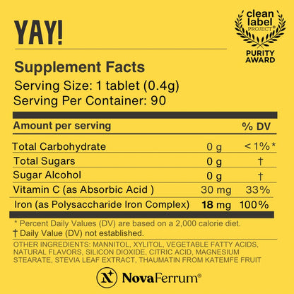 NovaFerrum Yay | Chewable Iron Supplement for Kids & Adults Ages 4 and Over | 18mg of Iron | 90 Servings | Sugar Free
