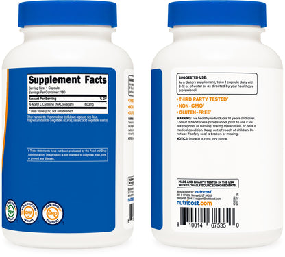 Nutricost N-Acetyl L-Cysteine (NAC) 600mg, 180 Capsules - Non-GMO, Gluten Free