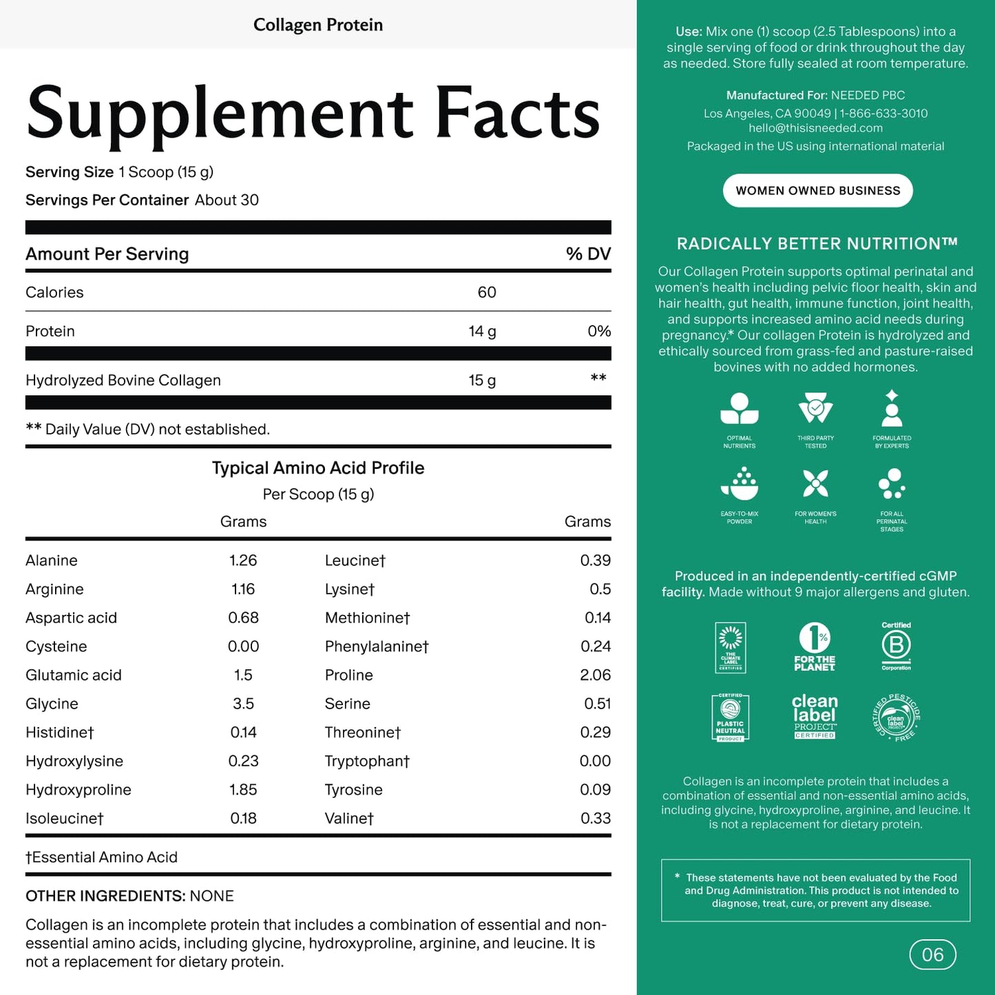 Needed. Hydrolyzed Collagen Protein Powder | Expert-Backed & Clean Sourced | Supports Skin, Hair, Joints | Grass-fed, Pasture-Raised, Hormone-Free | 1lb