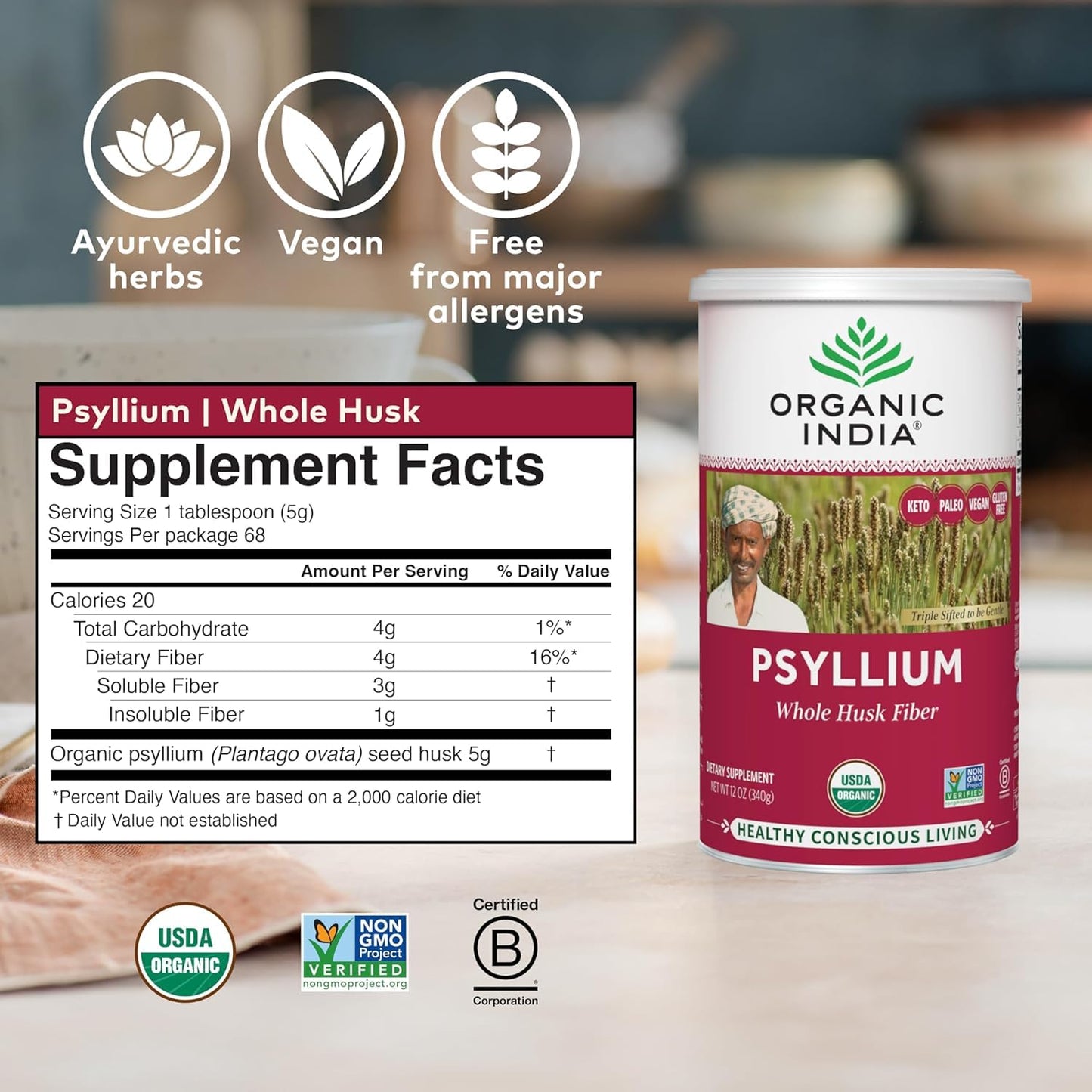 ORGANIC INDIA Psyllium Herbal Powder - Whole Husk Fiber, Vegan, Gluten-Free, USDA Certified Organic, Non-GM