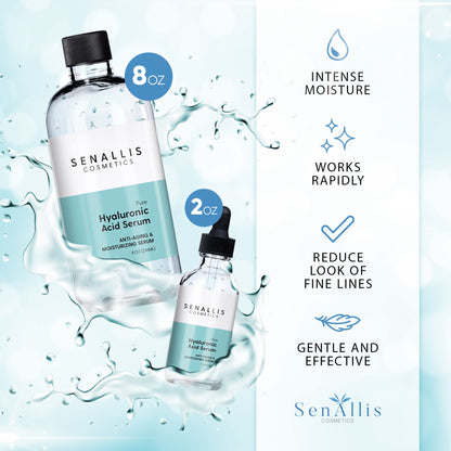 Hyaluronic Acid Serum 8 fl oz And 2 fl oz, Made From Pure Hyaluronic Acid, Anti Aging/Wrinkle, Ultra-Hydrating Moisturizer