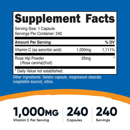 Nutricost Vitamin C with Rose Hips 1025mg, 240 Capsules - Vitamin C 1,000mg, Rose Hips 25mg, Premium