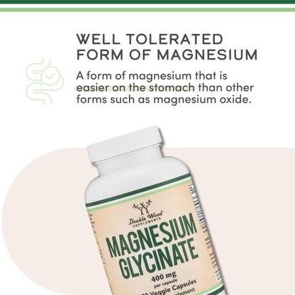 Magnesium Glycinate 400mg | 180 Capsules | Sleep, Muscle, & Heart Support | Vegan, Third Party Tested, Gluten Free, Non-GMO, by Double Wood Supplements Double Wood SupplementsBuy Supplements Australia