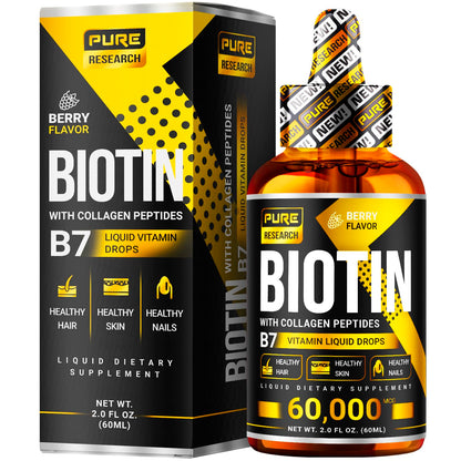 PURE RESEARCH Liquid Biotin & Collagen Hair Growth Drops 60,000mcg – Biotin and Liquid Collagen Supplements for Women & Men – Supports Glowing Skin