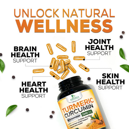 Turmeric Curcumin Supplement - 2400mg Organic Turmeric Per Serving - 95% Curcuminoids & BioPerine Black Pepper Extract for Best Absorption - Natural Vegan Joint Support